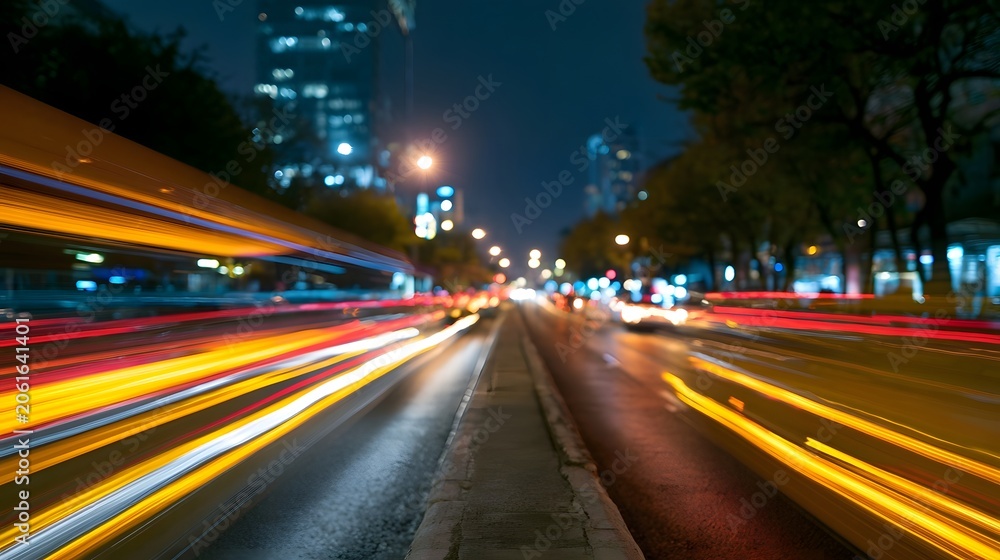 Fototapeta premium Dynamic streaks of vibrant red and orange light create an exciting flowing atmosphere suggesting rapid transportation through an urban landscape