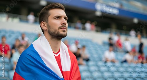Man wearing Russian flag watching sports event in stadium, focused look