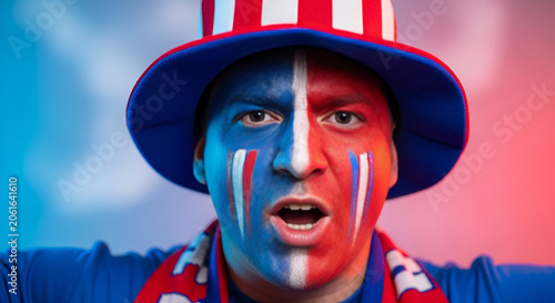 Passionate Fan with Face Paint in Red, White, and Blue