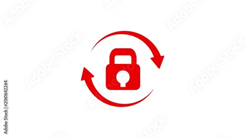 Animated secure lock icon with rotating arrows representing data protection,on a white background, with 4k video animation.