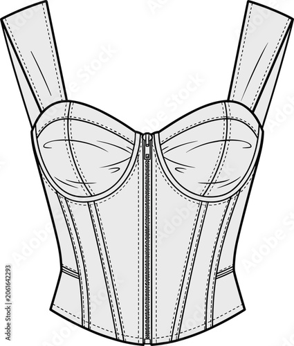 Tableau sur toile Zipper front bustier corset top technical fashion flat sketch cad drawing vector