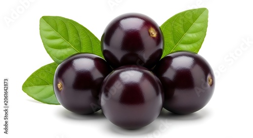 Jabuticaba fruit arrangement with green leaves on white background studio lighting