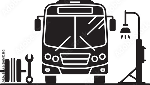 Silhouette of a bus at a garage station with tools on white background in flat design, transportation illustration
