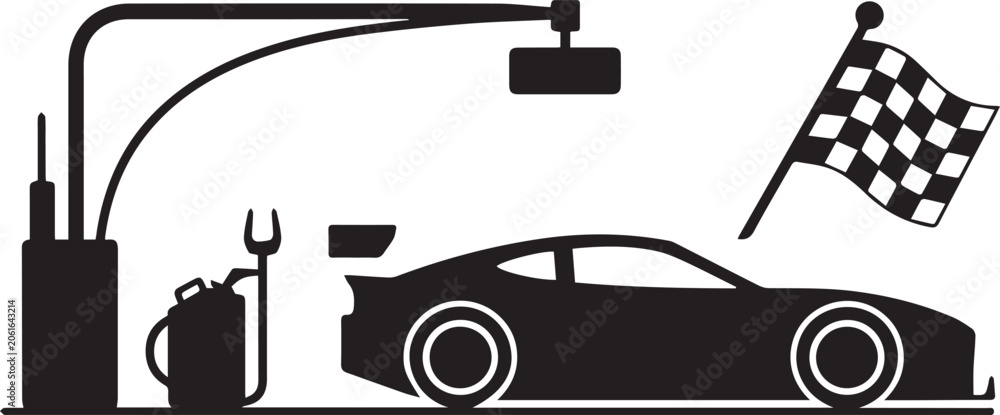 Naklejka premium Silhouette of sports car with tools and checkered flag on white background in minimalist racing illustration