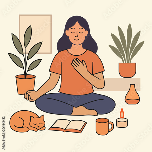 Flat Vector of a Woman Meditating – Relaxation, Self-Care, and Mindfulness