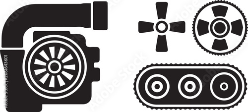 Silhouette style black mechanical industrial icons set including turbocharger, fan, gear, and tank tread on white background for design