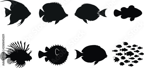 Tableau sur toile Tropical reef fish black silhouettes set featuring lionfish angelfish pufferfish