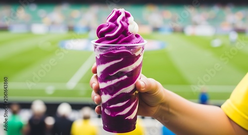 Purple taro soft serve ice cream held at outdoor stadium event