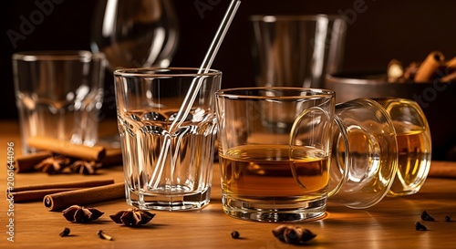 Warm beverage still life with cinnamon and star anise on wooden table