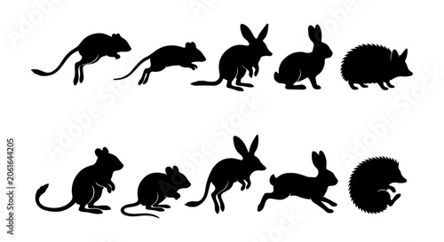 Canvas Print Animal Silhouettes Set: Mice, Rabbits, Hedgehogs in Motion, Vector Graphics Coll