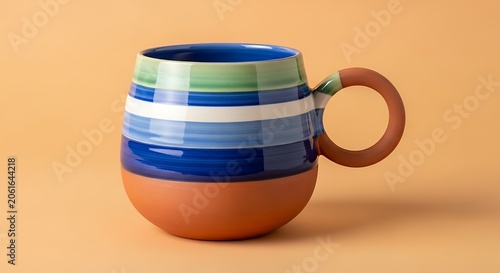 Handmade ceramic mug with rounded handle and colorful horizontal stripes
