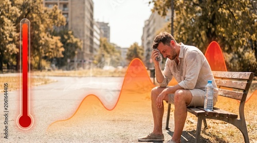 Man suffering from extreme heatwave with thermometer and temperature graph concept.