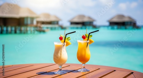 Tropical cocktails at overwater bungalows luxurious maldives vacation concept