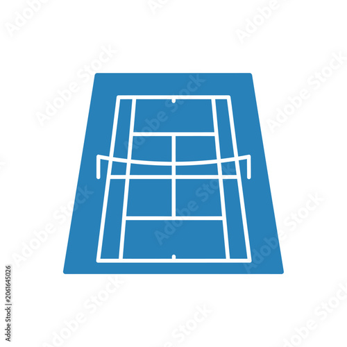 Tennis court icon with perspective view layout and net mesh line art in blue flat vector style isolated on white background