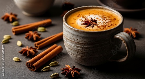 Masala chai with cinnamon sticks star anise and cardamom warm beverage