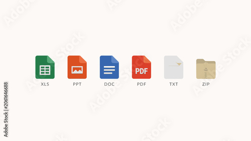 Adobe Illustrator ArtworkDigital Document Icons: Spreadsheet, Presentation, Text, PDF, Image, Folder