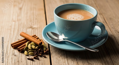 Masala chai with spices on rustic wood table traditional indian beverage