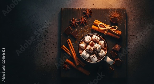 Warm hot chocolate with marshmallows cinnamon and star anise on wood