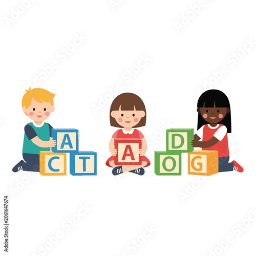 Three children playing with blocks.