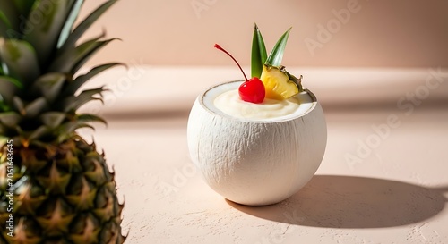 Pina colada cocktail in coconut shell with pineapple and cherry garnish
