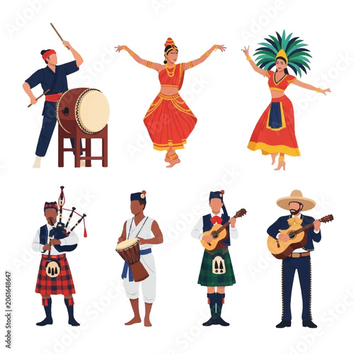 Traditional musicians and dancers performing together.