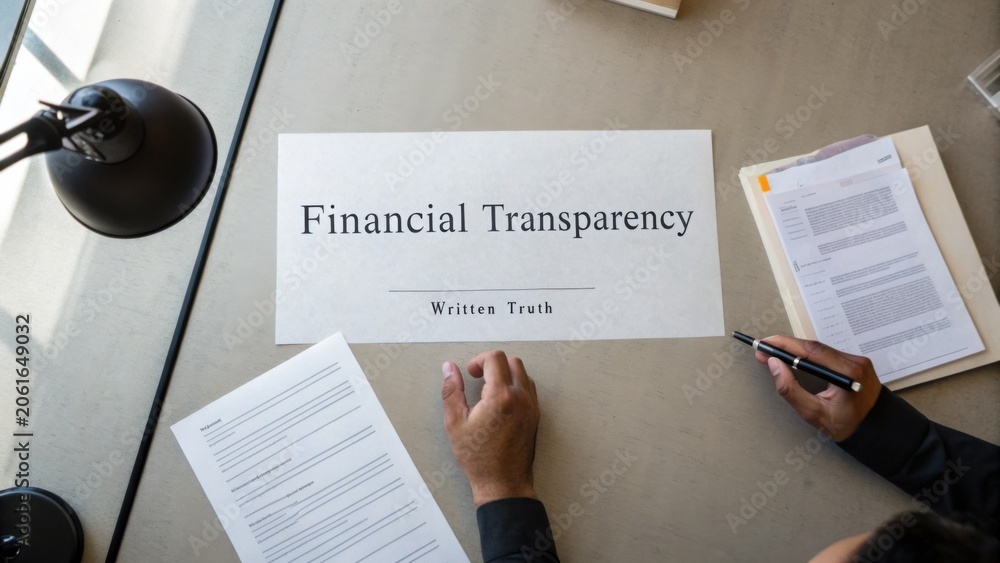 Fototapeta premium Concept of Financial Transparency on a Work Desk with Documents and Tools for Truthful Financial Practices