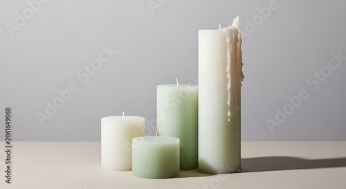 Assorted pillar candles in pastel green and white minimalist still life