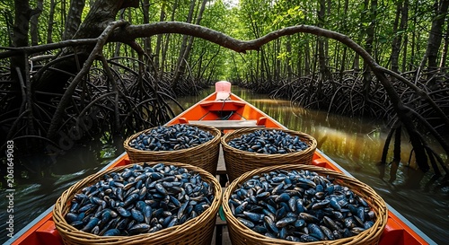 Freshly harvested mussels transported by boat through mangrove forest canal