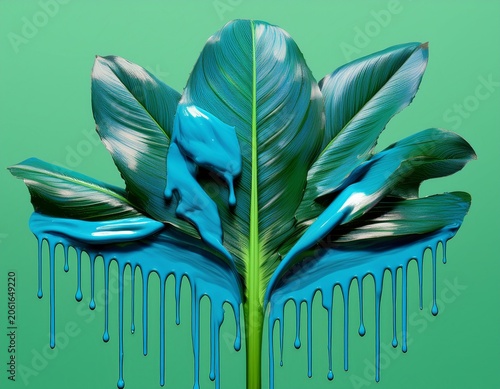 trendy pop art collage made from blue paint which is dripping leaking and pouring on over tropical leaves on green pastel background trendy composicion creative art minimal aesthetic