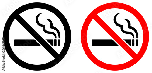 No smoking sign icon set featuring black and red prohibited cigarette symbols, smoke free warning signs, tobacco restriction and health safety icons for public places. vector illustration