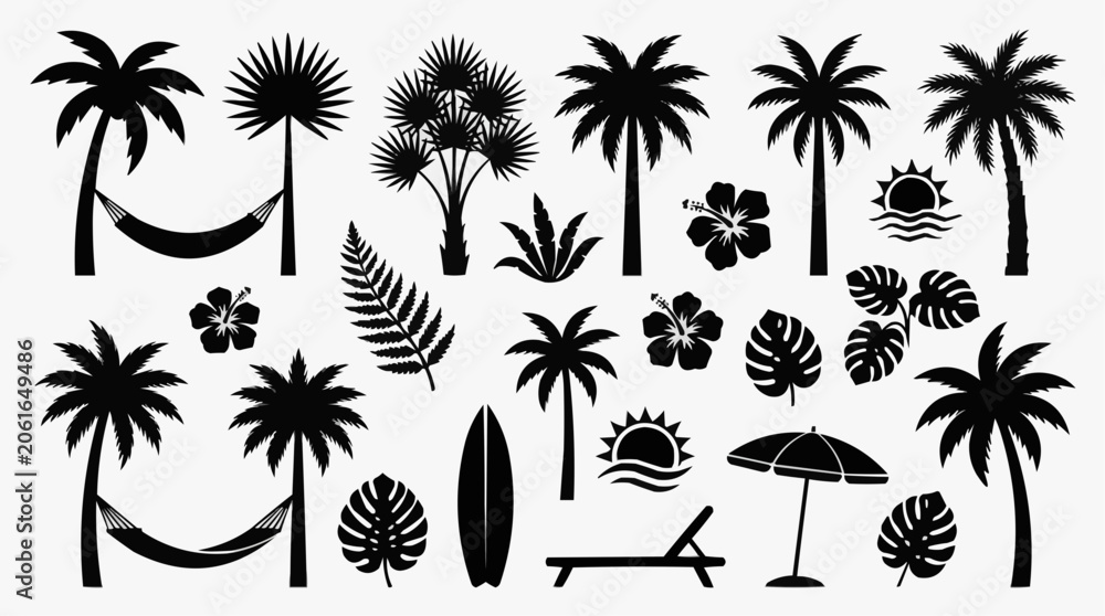 Obraz premium A collection of tropical beach elements and vacation icons for a summery theme.