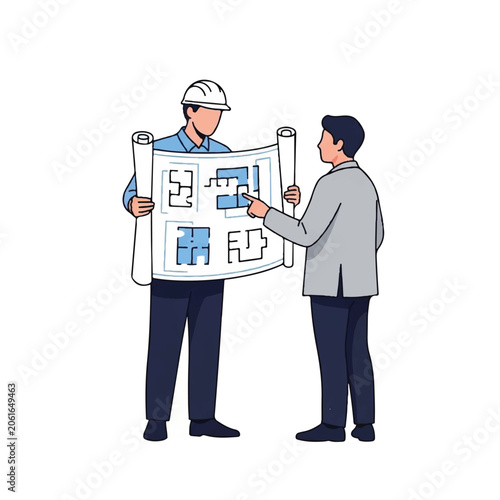 Two businessmen discussing construction plans.