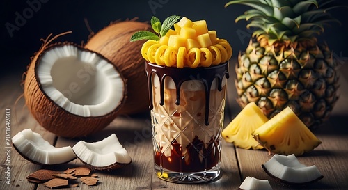 Tropical dessert parfait with mango coconut and chocolate drizzle