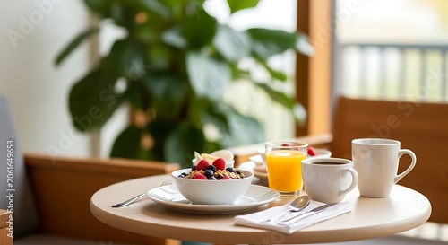 Hotel breakfast setting cereal orange juice and coffee with natural light