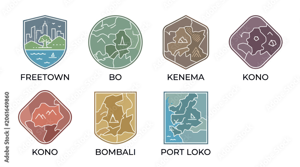 Fototapeta premium Sierra Leone Regions Logos Collection: Freetown, Bo, Kenema, Kono, Bombali, Port Loko
