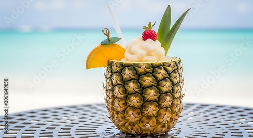 Tropical pi a colada in pineapple served beachside with orange and strawberry garnish