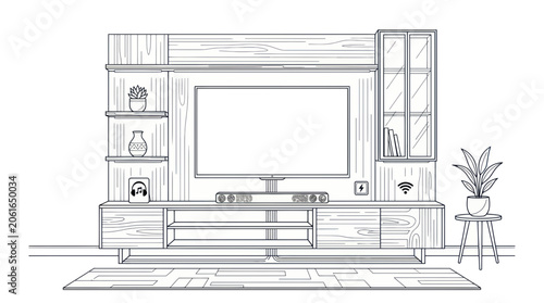 Принти на полотні Modern Entertainment Center with TV, Shelves, and Decor - Line Art Illustration