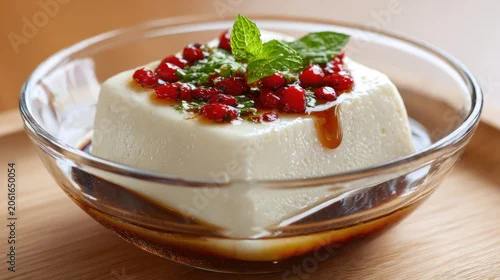 Panel kuchenny z motywem Tofu dessert with garnishes in glass bowl