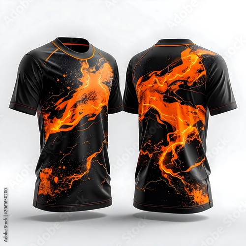 Black hoodie with orange flame design front and back.