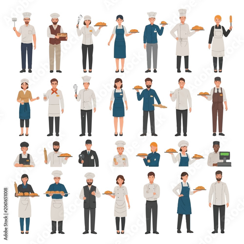 Various restaurant workers in uniform.
