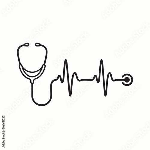 Minimal black line art combining stethoscope and heartbeat waveform symbolizing medical care health monitoring and cardiology concept