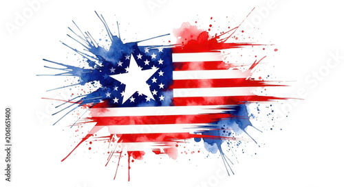 American flag with blue paint splatter and red stripes on white fabric