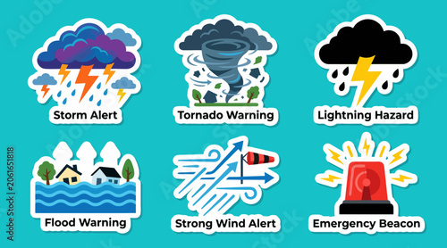 Collection of colorful weather alert stickers featuring severe storm patterns and emergency hazard symbols designed in a flat vector style