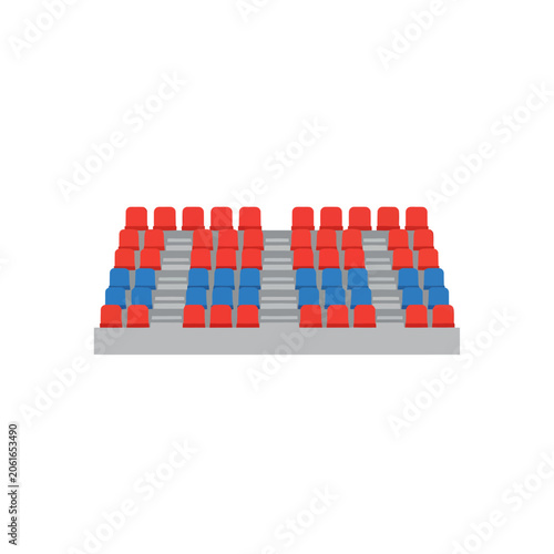 Stadium spectator grandstand icon with rows of red and blue seats and concrete stairs flat vector illustration isolated on white background