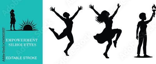 Black and White Silhouette Figures Celebrating Empowerment with Arms Raised empowerment-movement self-confidence diversity-inclusion motivational-graphics minimalist-illustration feminist-awareness bo