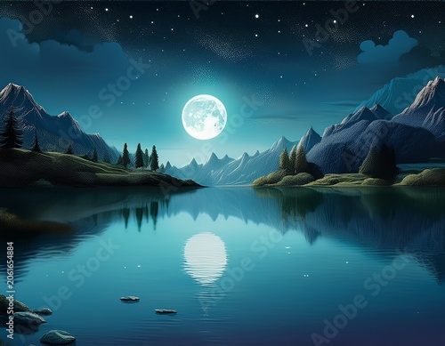 night landscape with moon and lake