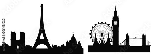 Paris and London skyline silhouettes vector illustration set featuring famous european landmarks and architecture landmarks isolated on white background