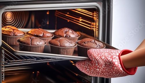 removing freshly baked brownies from oven with oven mitts in kitchen