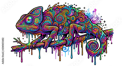 Psychedelic vibrant chameleon sitting on a branch with dripping paint and intricate mandala patterns. Colorful abstract animal illustration.