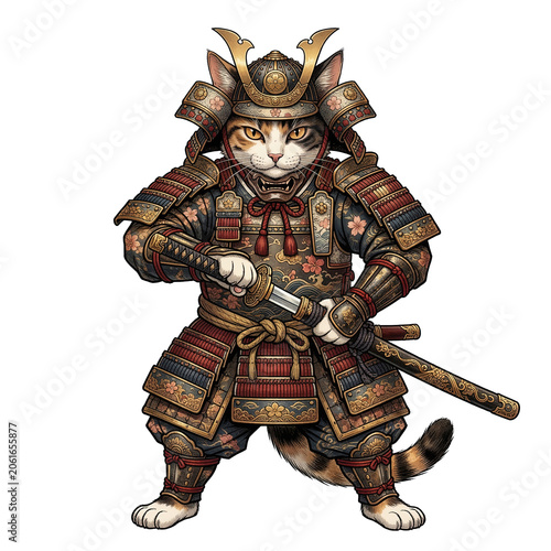 Epic illustration of a brave warrior cat dressed in intricate traditional Japanese samurai armor and holding a katana sword. on transparent background.